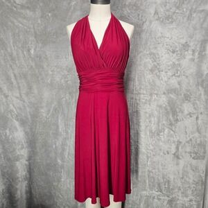 Vtg Jones Wear Sz 6 Red Halter Ruched Waist Midi Dress Cocktail Party Y2K Glam